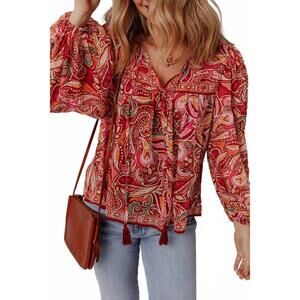 NEW SHEWIN paisley print tassel tie boho blouse in red